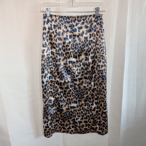 Lulu’s Global Icon Tan & Navy Blue Leopard Print Satin Midi Skirt Size Small - Picture 8 of 11